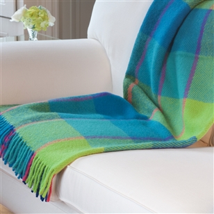 Bedroom | Throw Blankets | Check Wool Throw in Turquoise & Lime Green